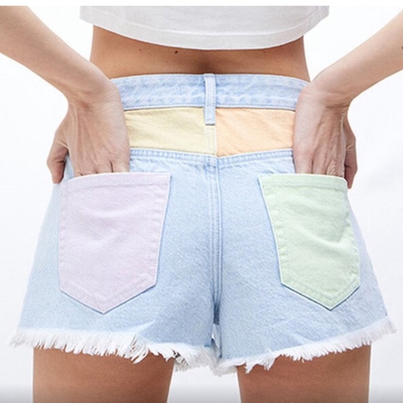 PacSun Denim Shorts Eco Rainbow Festival High Rise Paneled Rare Find Size 24